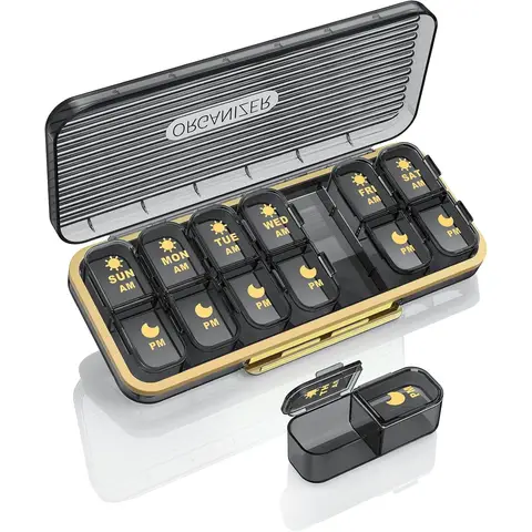 Pill Organizer 2 Times A Day, 7 Day Am Pm Pill Box - Acedada Weekly Pill Organizer Twice A Day, Portable Removable Daily Medicine Container Dispenser Case for Vitamin Fish Oil Supplement, Black