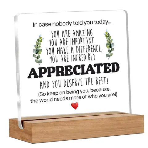 Alphynix 1 pc plaque d'encouragement quotidien, "Au cas où personne ne vous l'aurait dit aujourd'hui..." Cadeau en acrylique avec base en bois, comprend des messages encourageants comme "vous êtes incroyable" & "vous faites la différence", comprend des motifs de feuilles vertes et un design de cœur rouge