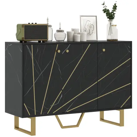 HOMCOM Sideboard Storage Cabinet, Modern Storage Cupboard with Adjustable Shelves and Metal Legs Black Marble Tone