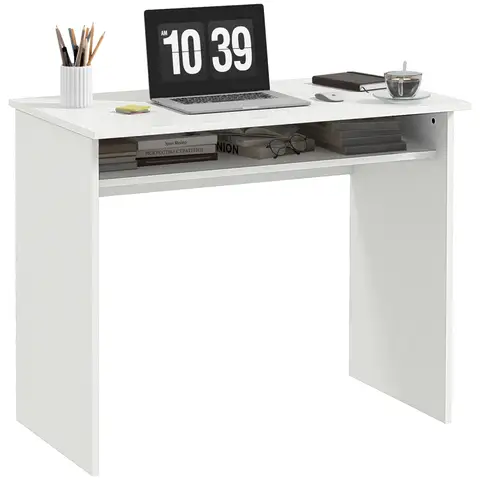 HOMCOM Modern Computer Desk, Home Office Table, Small Writing Desk with Storage Shelf, 90 x 50cm White Wood Grain