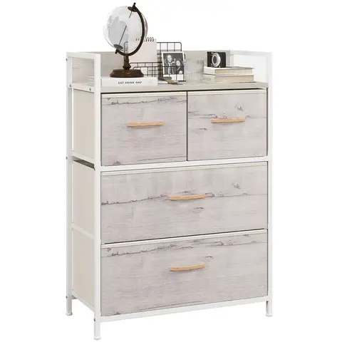 HOMCOM Bedroom Chest of Drawers, Fabric Dresser with 4 Drawers, Storage Organiser Unit with Shelf and Metal Frame Natural woo