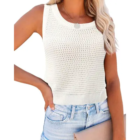 Women's Summer Knit Sweater Tank Tops Round Neck Crochet Hollow Out Sleeveless Casual Crop Shirt (white, S)
