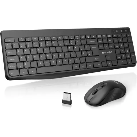 KOORUI Wireless Keyboard and Mouse Combos, 12 Multimedia and Shortcut Keys UK Layout Full Size Keyboard and Mouse Set for Windows,MacOS,Linux-Black (Battery Not Included)