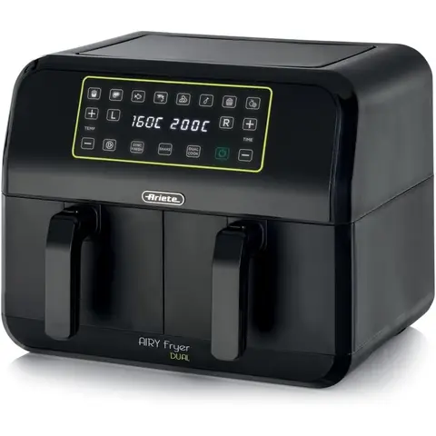 Ariete Heißluftfritteuse Airy Fryer Dual 4623, 1700 W, 8 L, Doppelkorb, LED-Touch-Panel, 8 Programme, Timer, Schwarz