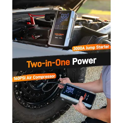 WOLFBOX 3000A Jump Starter with Air Compressor, 59.2Wh&160PSI Portable Car Battery Jump Starter with 65W Fast Charge, 12V Battery Pack (8L Gas 6L Diesel Engine) with Boost, Light and Jumper Cables