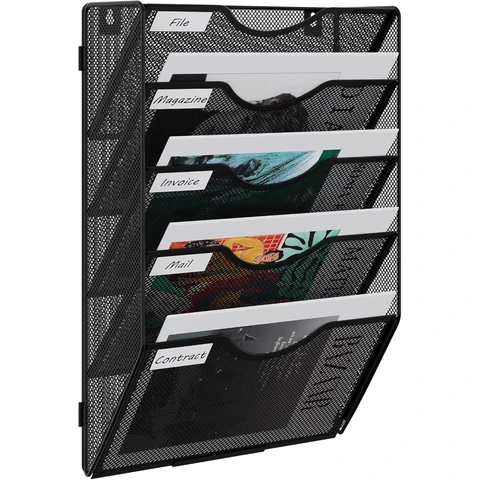 5 Tier A4 Mesh Assembled Wall Pocket File Holder,Black