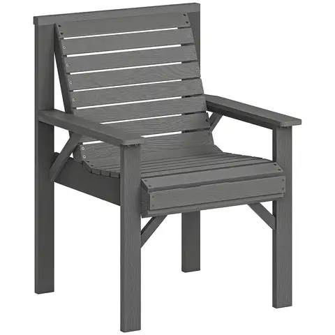 Outsunny Wooden Garden Chair, Solid Wood Garden Dining Chair with Curved Seat and Wide Armrests, Slatted Garden Armchair for Outdoor, Patio, Porch, Balcony, Grey Embossed Finish