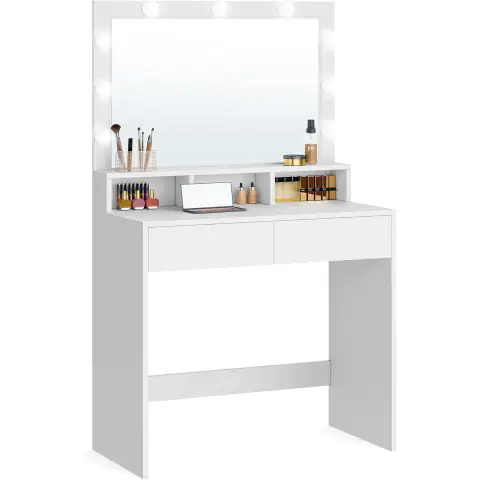 Table à chaussure Vasagle avec éclairage LED, table de toilette avec miroir, luminosité réglable, 2 tiroirs et 3 compartiments ouverts, moderne, blanche
