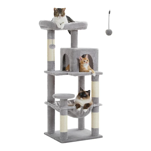PAWZ Road Kratzbaum, 116 cm, mit Plüschhängematte und Metallrahmen, Katzenturm für erwachsene Katzen, Katzenhaus mit 2 Türen, Grau