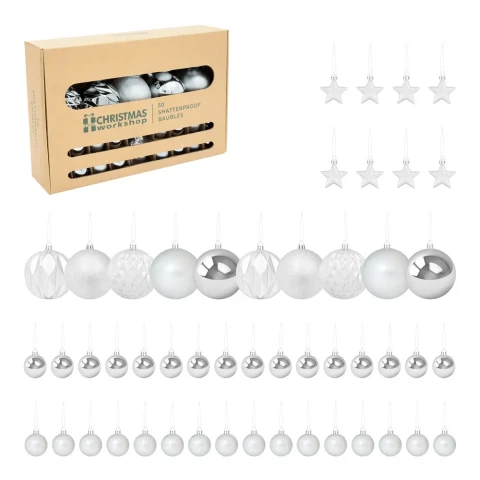 Christmas Workshop 50 Shatterproof Silver Christmas Ball Ornaments