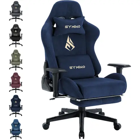 Symino Gaming-Stuhl, atmungsamer Bürostuhl aus hochwertigem Stoff, weich wie Fell, ergonomischer PC-Stuhl, verstellbarer und drehbarer Schreibtischstuhl mit Fußstütze, marineblau