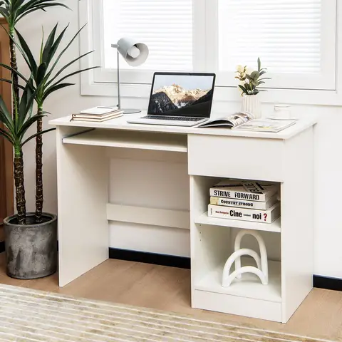 COSTWAY Modern Wooden Office Computer Desk with Keyboard Tray-White