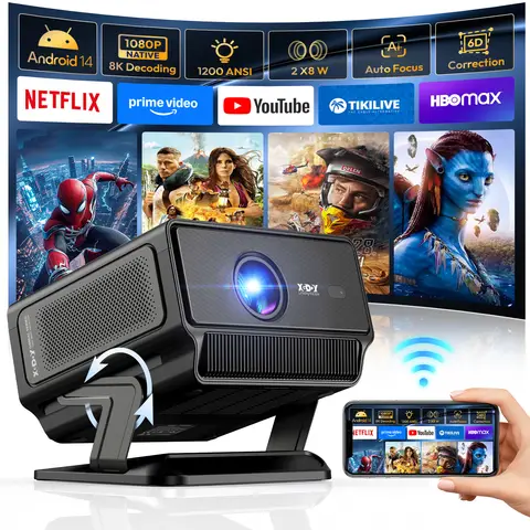 XGODY Projecteur Gimbal A8, 1080P natif & 1200 ANSI, Décodage vidéo 4K/8K pris en charge, Android 14.0, WiFi 6 & BT 5.4, Mise au point entièrement automatique et correction trapézoïdale automatique, 2 GB RAM + 16 GB ROM, Projecteur intelligent pour home cinéma et chambre compatible avec HDMI/USB/Téléphone/PS (Noir)