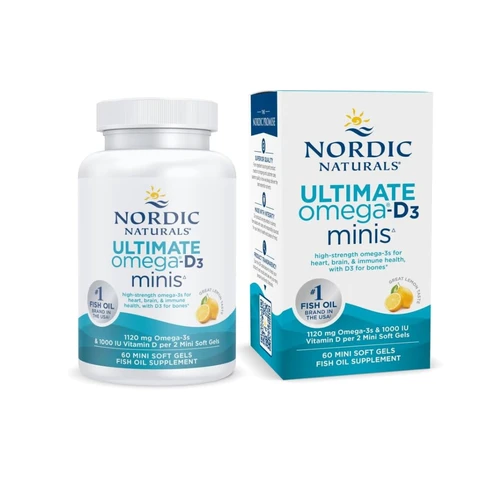 Nordic Naturals Omega-3 Fish Oil Heart & Brain Support + Vitamin D3 Ultimate 2X Mini 1120mg Lemon Flavour - 60 Mini Softgels