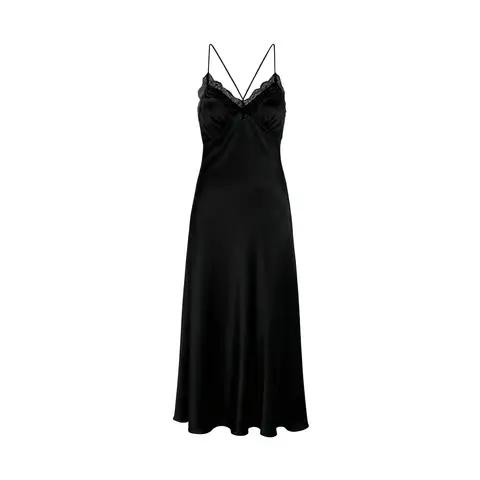 narrow lace v-neck black silk-like suspender dress  M
