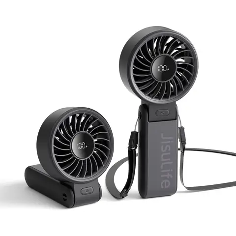 JISULIFE Portable Handheld Fan Life 7, 5000mAh Rechargeable, High-Power Motor, LED Display, 19.5 Hrs Cooling, 5 Speed, Foldable Design, 3-IN-1 , Black