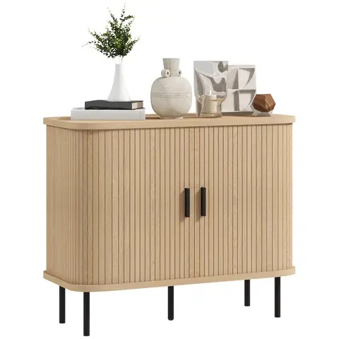 HOMCOM Mid-Century Modern Sideboard Storage Cabinet with Slatted Tambour Sliding Doors Oak Tone
