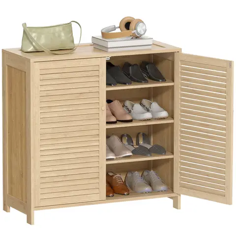 HOMCOM Bamboo Shoe Cabinet with Louvered Doors, Shoe Storage Cabinet with Adjustable Shelves, 14 Pairs Footwear Cupboard for Hallway, Entryway, 80 x 35 x 80 cm, Natural Wood Finish