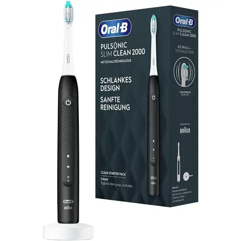 Oral-B Pulsonic Slim Clean 2000 Elektrische Schallzahnbürste, 2 Putzmodi für Zahnpflege und gesundes Zahnfleisch mit Timer, Design von Braun, Schwarz, 1 Stück (Packung mit 1)
