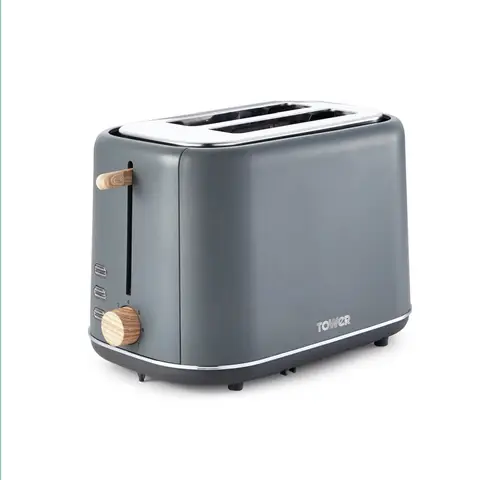 Tower Scandi 2 Slice Toaster, Adjustable Browning Control, Wide Slots, 800W, Grey & Wood-Effect Accents- T20027G
