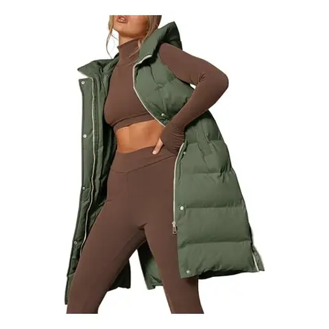 Women's Down Vest with Stand Collar Thick Hooded Sleeveless Long Coats Jacket (ArmyGreen, M)
