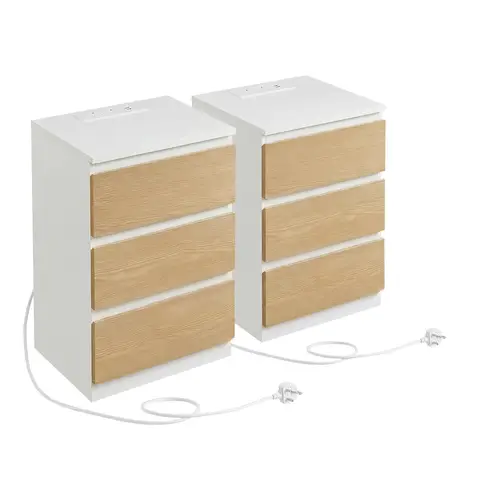 Ochama x SONGMICS Set of 2 Nightstands with Charging Station, Bedside Tables, Side End Tables with 3 Drawers, for Bedroom, White and Yellow