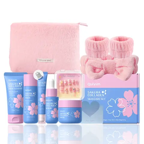 QUIYUM Sakura Collagen Skincare Set (8pcs): Includes Cleanser 50g, Toner 120ml, Serum 30ml, Eye Cream 20g, Cream 50g, plus a Headband, Nail Stickers, and a Makeup Bag.