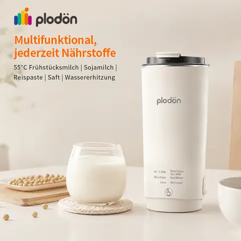 Plodon Mini elektrische Sojamilchmaschine für unterwegs, 300 ml tragbare Reise-Heiz- und Mixbecher mit 9-Stunden-Vorwahl. Geeignet für Sojamilch, Frühstücksmilch bei 55 °C, Reispaste, Saft und kochendes Wasser, mit Selbstreinigungsfunktion, Edelstahl