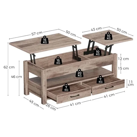 Rolanstar Two-way pneumatic lift double-drawer coffee table, oak gray, 100 cm Oak Grey 100 cm