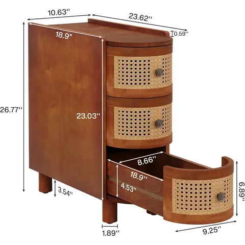 Tribesigns Solid Wood Side Table, 3-Drawer Rattan with Exquisite Embossed Handles for Living Room, No Assembly Required, Walnut & Oak