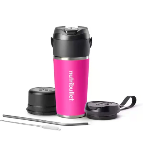 nutribullet®  Flip NBP016BP, tragbarer Mixer mit isoliertem Edelstahl Thermobecher (590 ml), wiederaufladbar für 14+ Mixvorgänge, hält Getränke 24 Stunden kalt, Eiscrusher, 2-in-1 Mini Mixer to-go, USB-C-Ladefunktion, Magenta Pink