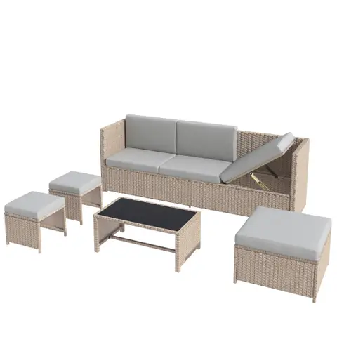 4-6 Seater Garden Lounge Set, garden furniture set, ratten sofa, seating group, patio furniture,Khaki 