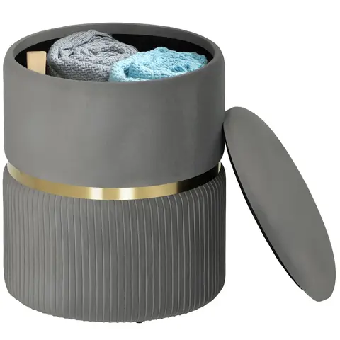 HOMCOM Round Storage Stool, Velvet-feel Fabric Upholstered Vanity Stool with Removable Top, Padded Seat and Hidden Space Grey