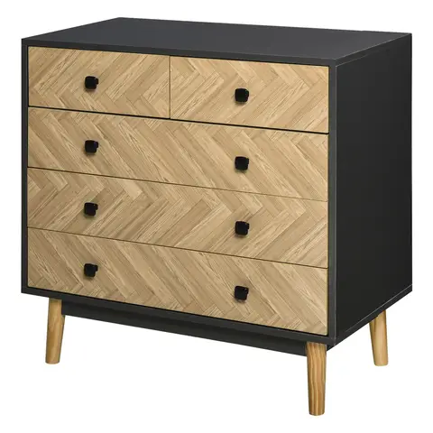 HOMCOM Drawer Chest Herringbone 5 Drawers Black/Oak Effect