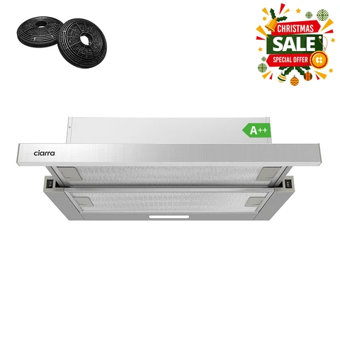 CIARRA Under-Cabinet Telescopic Cooker Hood 60cm, Powerful 370 m³/h, Silver, Energy Class A++