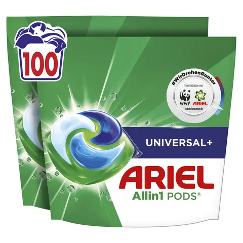 Ariel Allin1 PODS®, Flüssigwaschmittelkapseln 100 Wäschen, Universal+, Fleck-Weg-Power ab der 1. Wäsche, selbst in kaltem Wasser