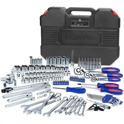 WORKPRO Jeu de douilles 123 pièces, 1/2", 1/4", 3/8" Jeu d'outils de mécanique | Clé à cliquet à libération rapide, Acier Cr-V, Douilles métriques et SAE, Rangement facile, Réparations pour voiture et maison
