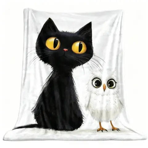 Black Cat and Owl Soft Blanket Retro 70s Groovy Tapestry Style Decorative Throw – Exotic Boho Aesthetic 50inch×60inch