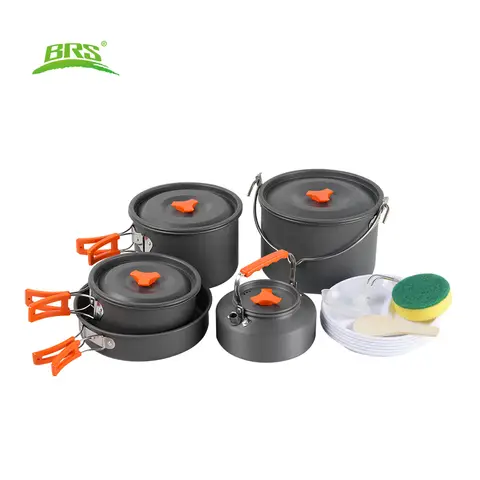 BRS 157-Series Camping Cookware Mess Kit， 4.2L hanging pot,2.9L large pot,1.7L Medium pot,1.3L Pan,1.1L Canteen