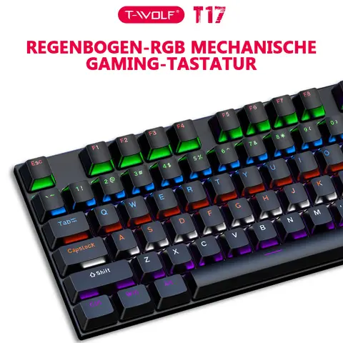 Rexsun Mechanische Tastatur – 104 Tasten, RGB-Hintergrundbeleuchtung, USB-Kabel, Anti-Ghosting, ergonomisches Design, kompatibel mit Windows & Mac, Schwarz, T17