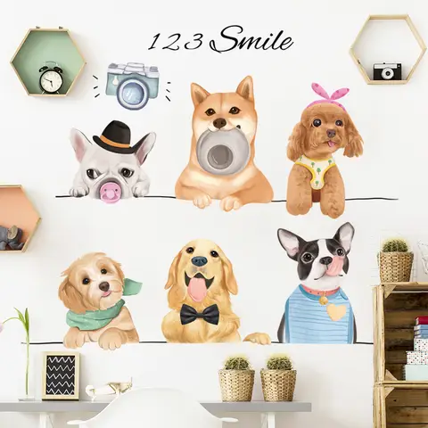 Cute Six Breeds of Puppies Wall Stickers, Dog Cartoon Animal DIY Wall Decals Removable Vinyl Peel and Stick for Living Room Children's Room Bedroom Kitchen Sofa TV Background Decorations
