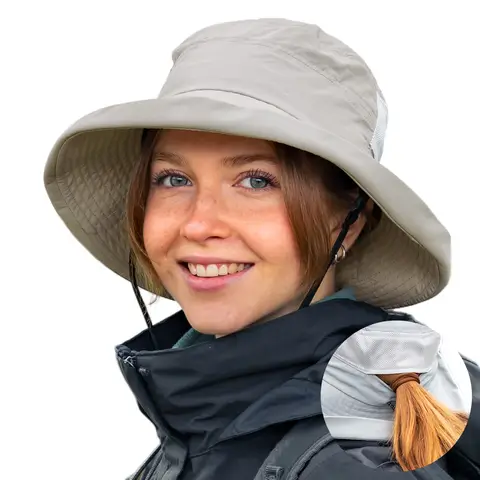 TOP-EX  Women’s Wide Brim Bucket Sun Hat with Ponytail Hole Summer Packable Sunhat for Travel Beach Outdoor Grey
