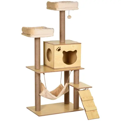 PawHut Wooden Cat Tree for Indoor Cats Climbing Tower for Large Cats with 5 Scratching Posts Hammock Toy Ball 130cm