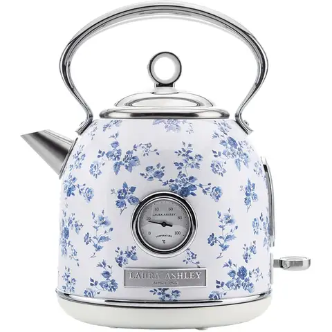 VQ Laura Ashley Retro Dome Kettle, 1.7L, Rapid Boil, Hand-Applied China Rose Print, Vintage, Stainless Steel, Blue Floral - VQSBPKK336LACR