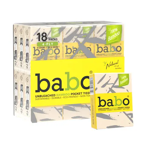BABO EU Standard Bamboo Pulp Mini Pocket Tissues, 4-Ply, 200×200mm, 8 Sheets per Mini Pack, 18 Packs per Bundle, Unbleached & Fluorescent-Free, Wet-Strong and Lint-Free, Compact Pocket Tissues for Outdoor Activities & Daily Commute