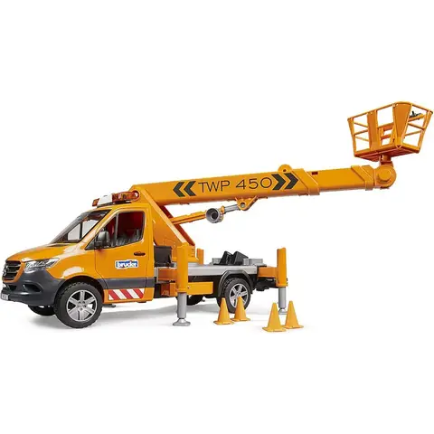 bruder 02679 MB Sprinter mit Arbeitsbühne und Licht- & Soundmodul 1:16 Baustellenfahrzeuge, Transporter, LKWs, Bauarbeiter, Spielzeug ab 4 Jahren