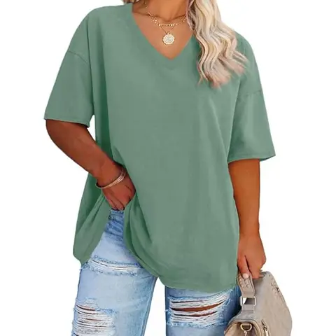 Women's Plus Size V Neck T Shirts Summer Half Sleeve Oversized Tees Casual Loose Fit Tunic Tops (green, 3XL)