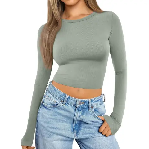 Women Crop Tops Long Sleeve Ribbed Slim Fit Workout Cropped Tee Y2K Short T-Shirts (lightgreen, M)
