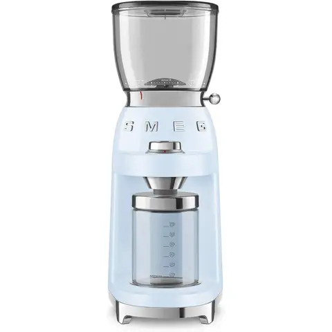 Smeg Kaffeemühle CGF01PBEU, Kegelmühle aus Edelstahl, 30 Mahlmodi, 350 g Kaffeebohnenbehälter, Premium-Gussaluminium-Gehäuse, 150 W, Blau