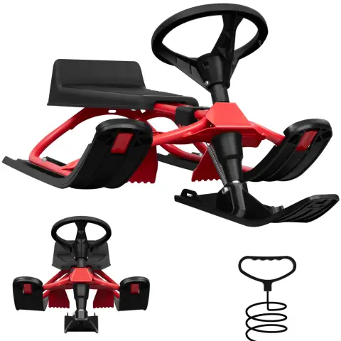 Laneetal Lenkschlitten mit Lenkrad, Bob für Kinder, Kinderschlitten ab 5 Jahren, mit Fußbremse, Zugseil, Sitz mit Rückenlehne, Metallrahmen, 119 x 38 x 50,5 cm, Schwarz + Rot